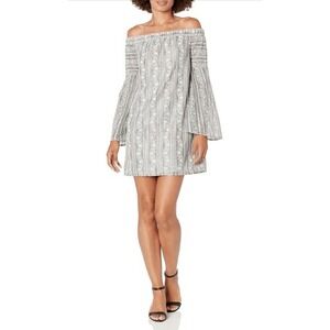BCBGeneration Off Shoulder Mini Dress‎ Womens M Grey White Boho Lace Bell Sleeve
